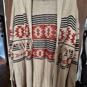Maurice’s Women's Tan and Red Patterned Sweater Cardigan